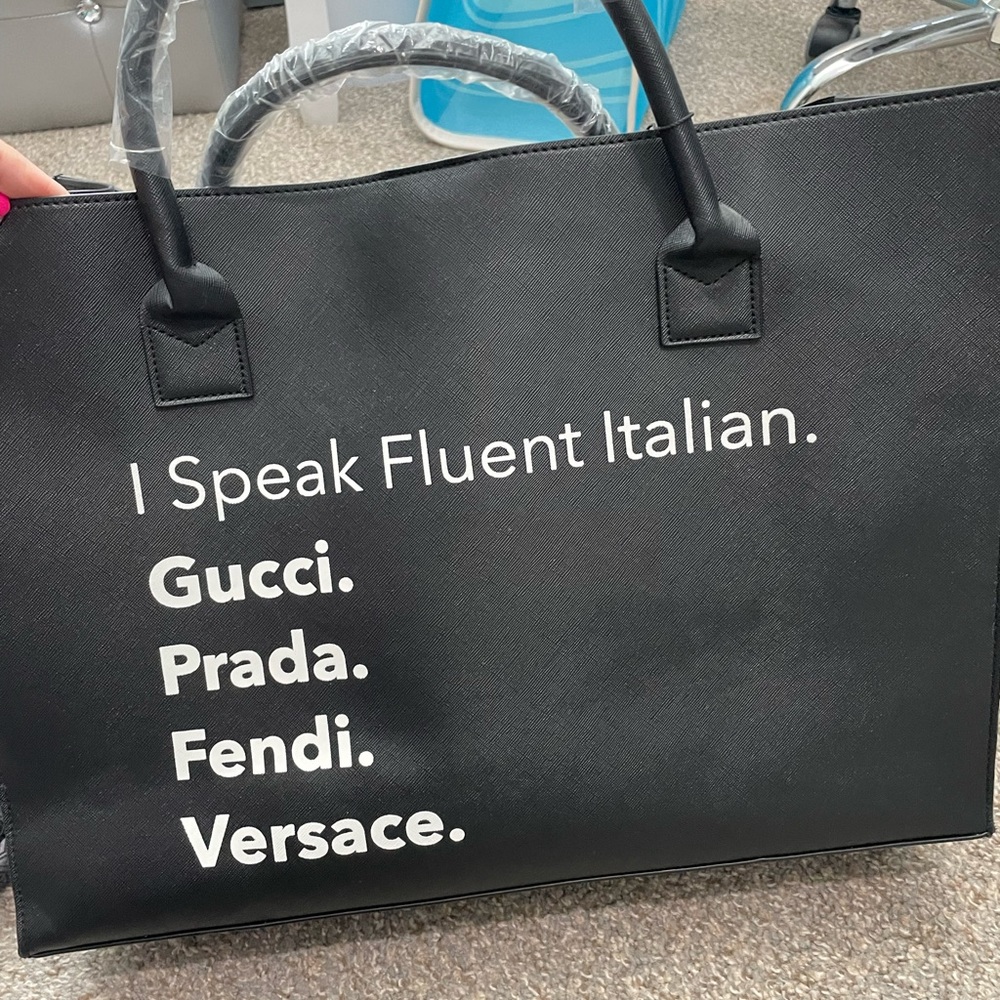 Vegan leather “I speak Italian” tote. Brand new unused Gucci Prada Fendi Versace